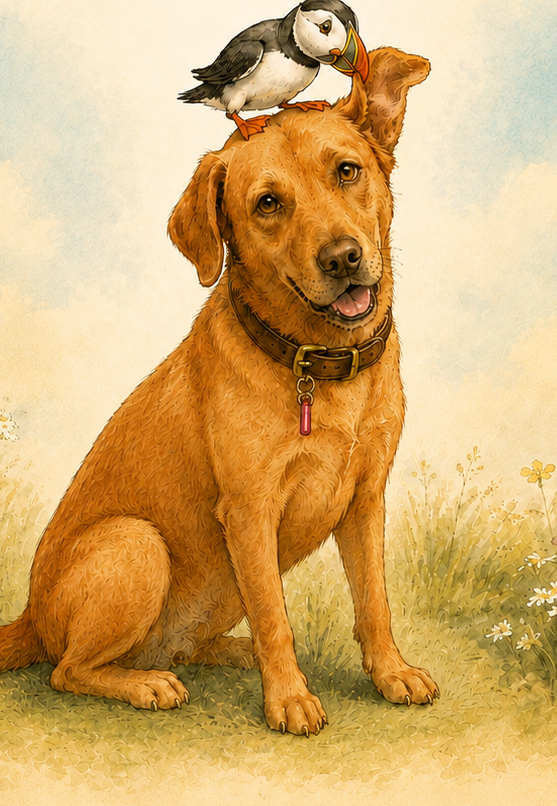 Puffin, a fox-red Labrador, with a puffin bird perched on her head, illustrated in a personalised pet storybook