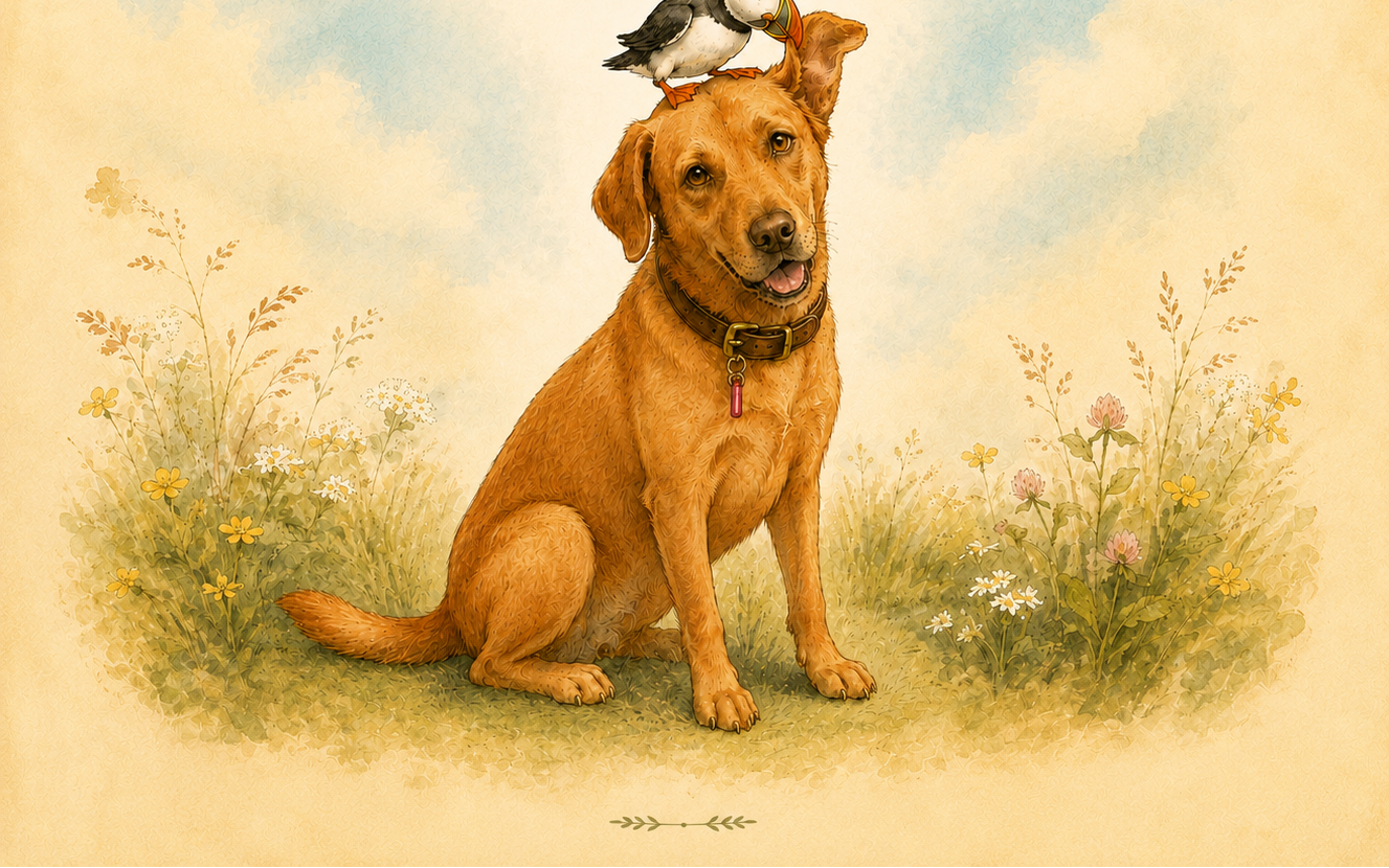Illustrated fox-red Labrador in a sunlit meadow, from a personalised pet storybook