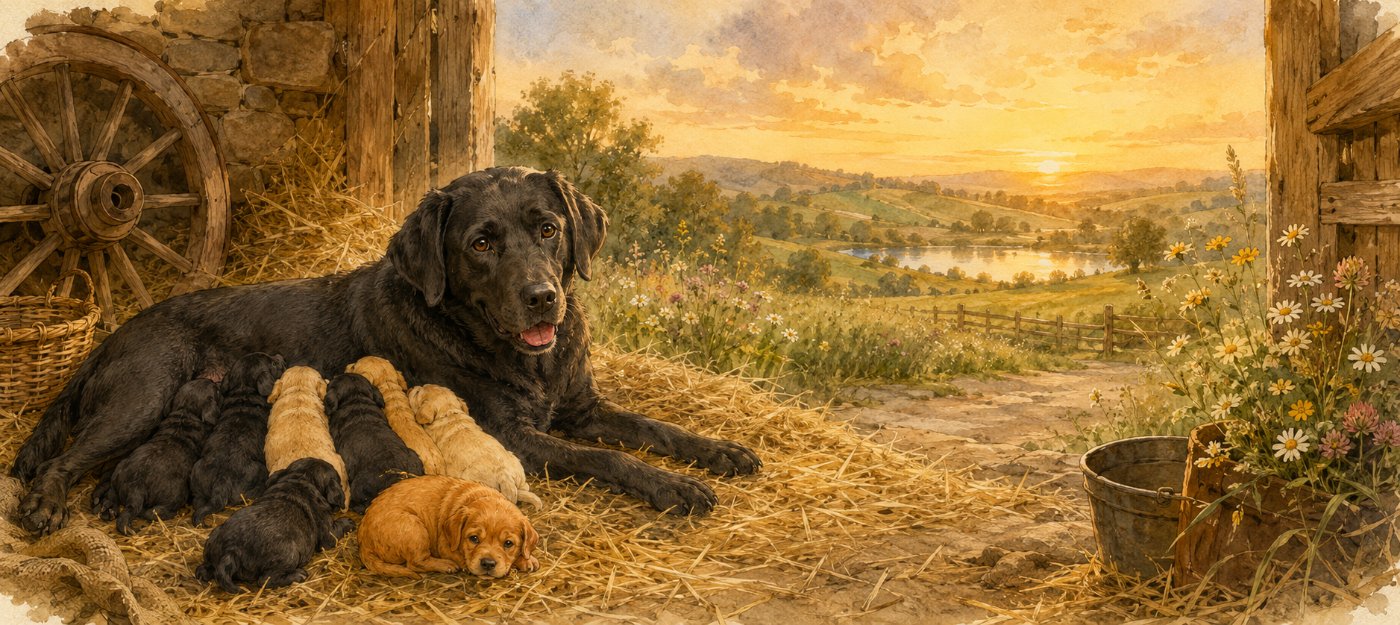 Illustrated storybook spread of a red Labrador curled up at home by a window