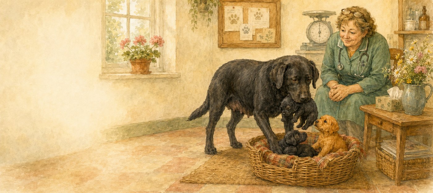 A watercolour spread of a vet with a mother dog and her puppies in a basket