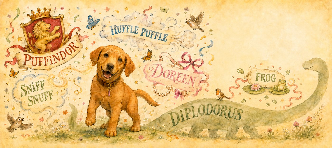 Playful illustrated storybook spread of a dog among bunting and little adventures