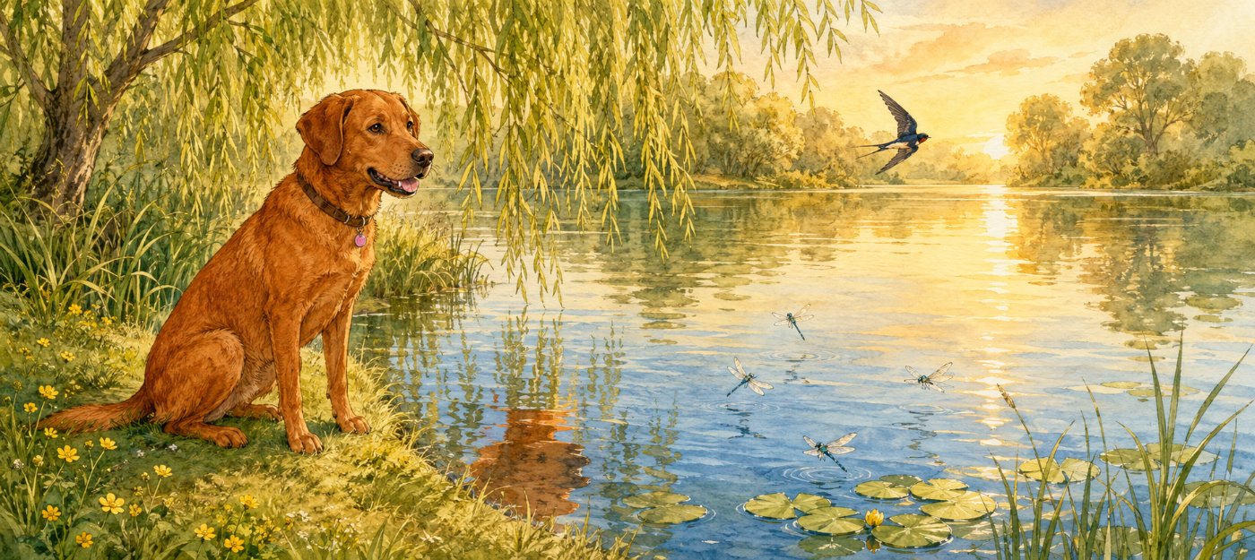 Puffin sitting by a willow at a golden lake, a swallow overhead and dragonflies on the water