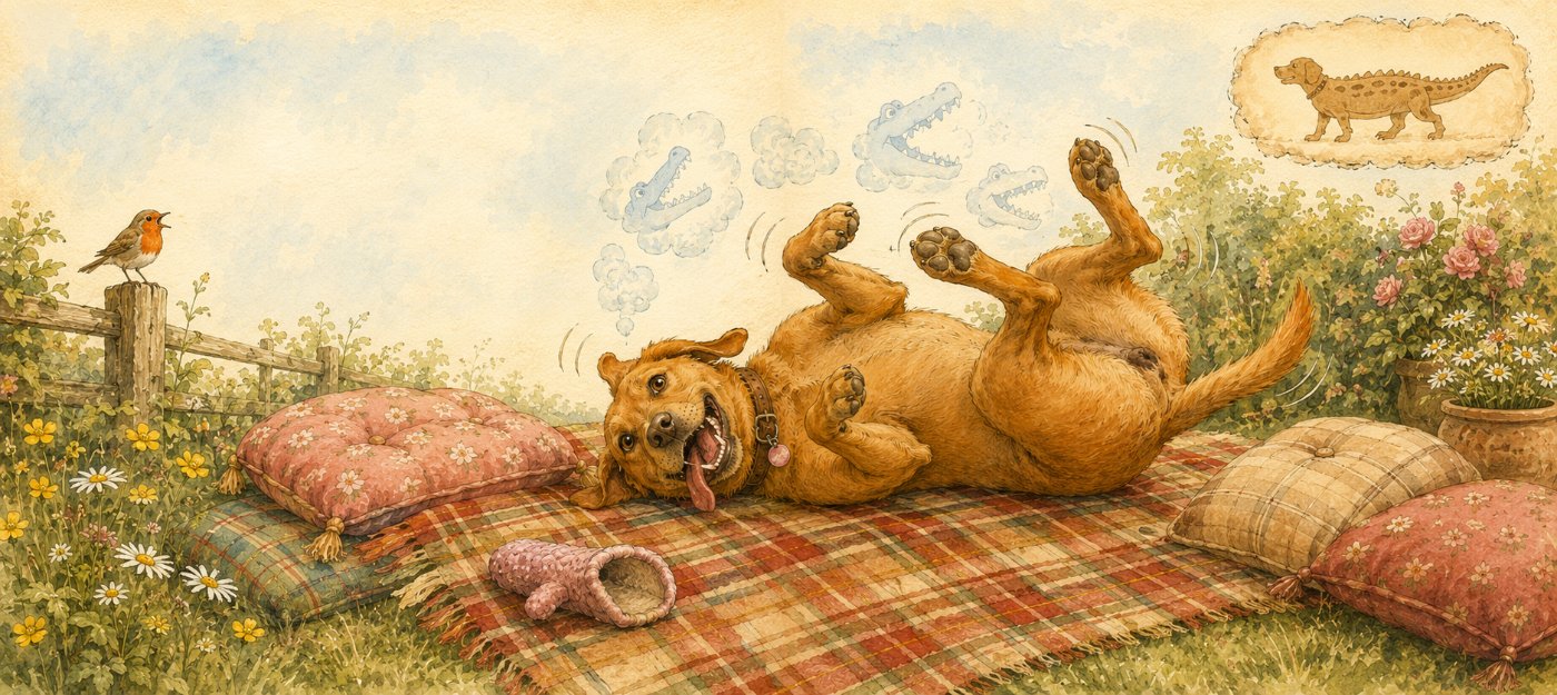 Puffin rolling on her back on a picnic blanket, daydreaming of crocodiles in the clouds