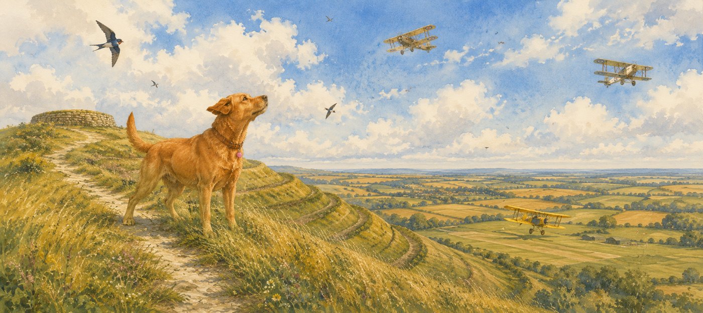 Puffin on a hilltop watching biplanes loop over the downs