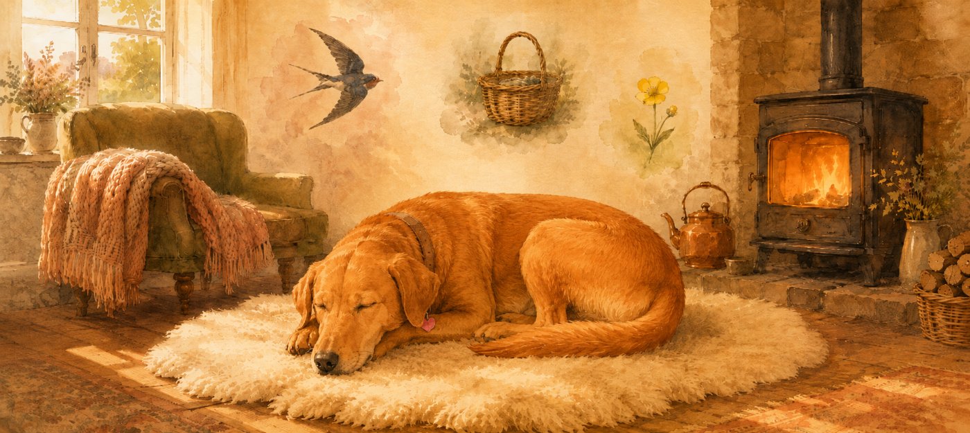 Warm, golden illustrated storybook spread of a pet in soft evening light