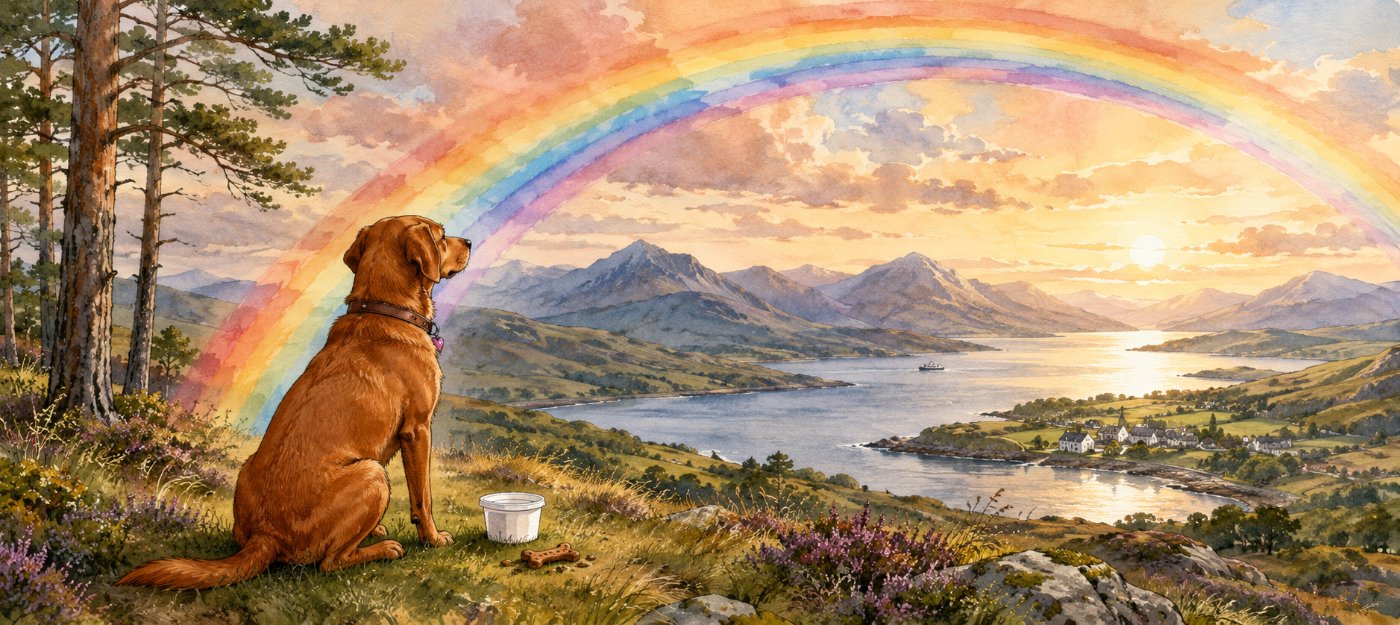 Gentle illustrated storybook spread of a red Labrador at rest, from a pet memorial book